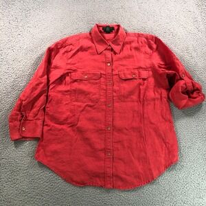 Lauren Ralph Lauren Shirt Women Large Red 100% Linen Roll Tab Sleeve Button Up